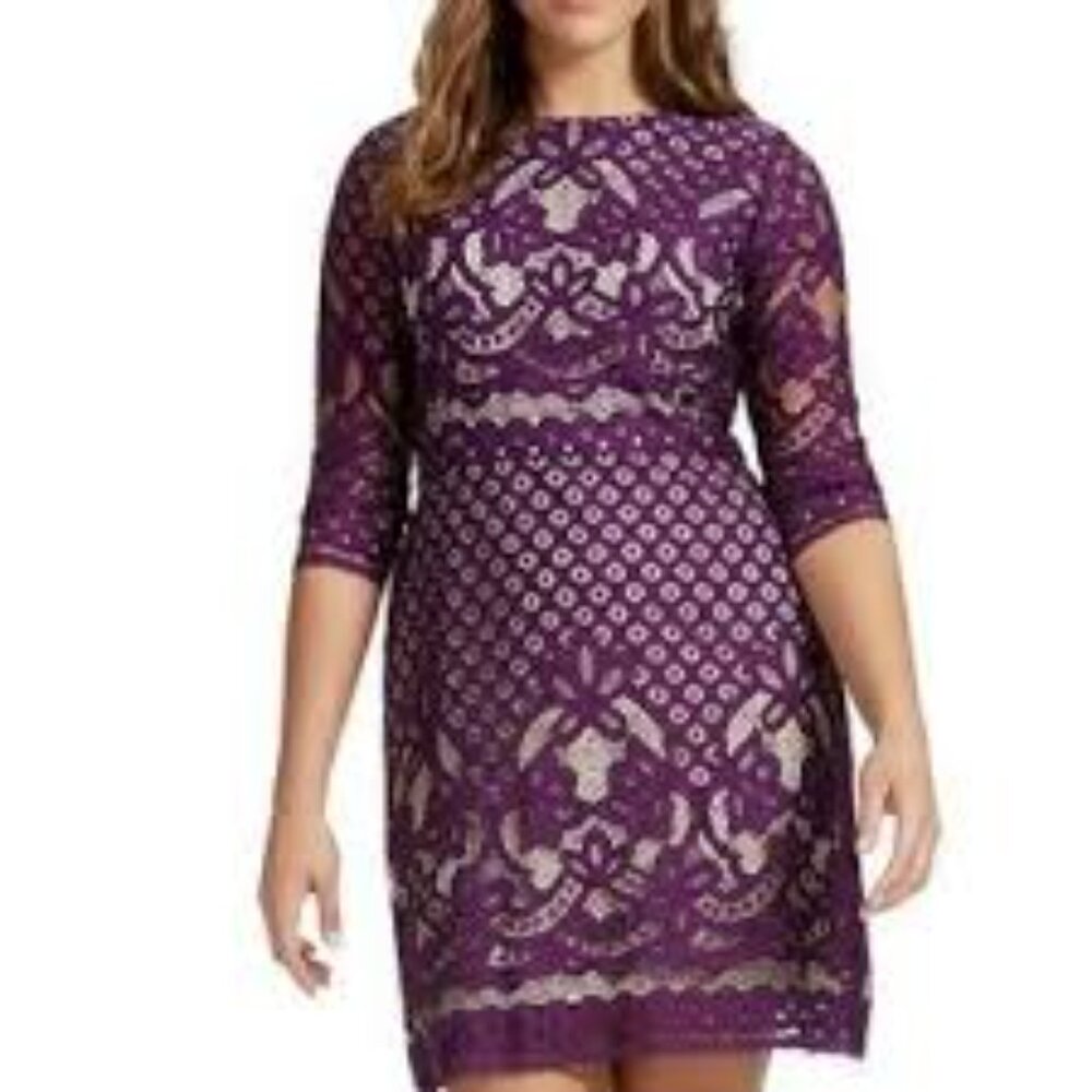 Gabby Skye Navy & Pink Lace 3/4 Sleeve Midi Dress Size 14